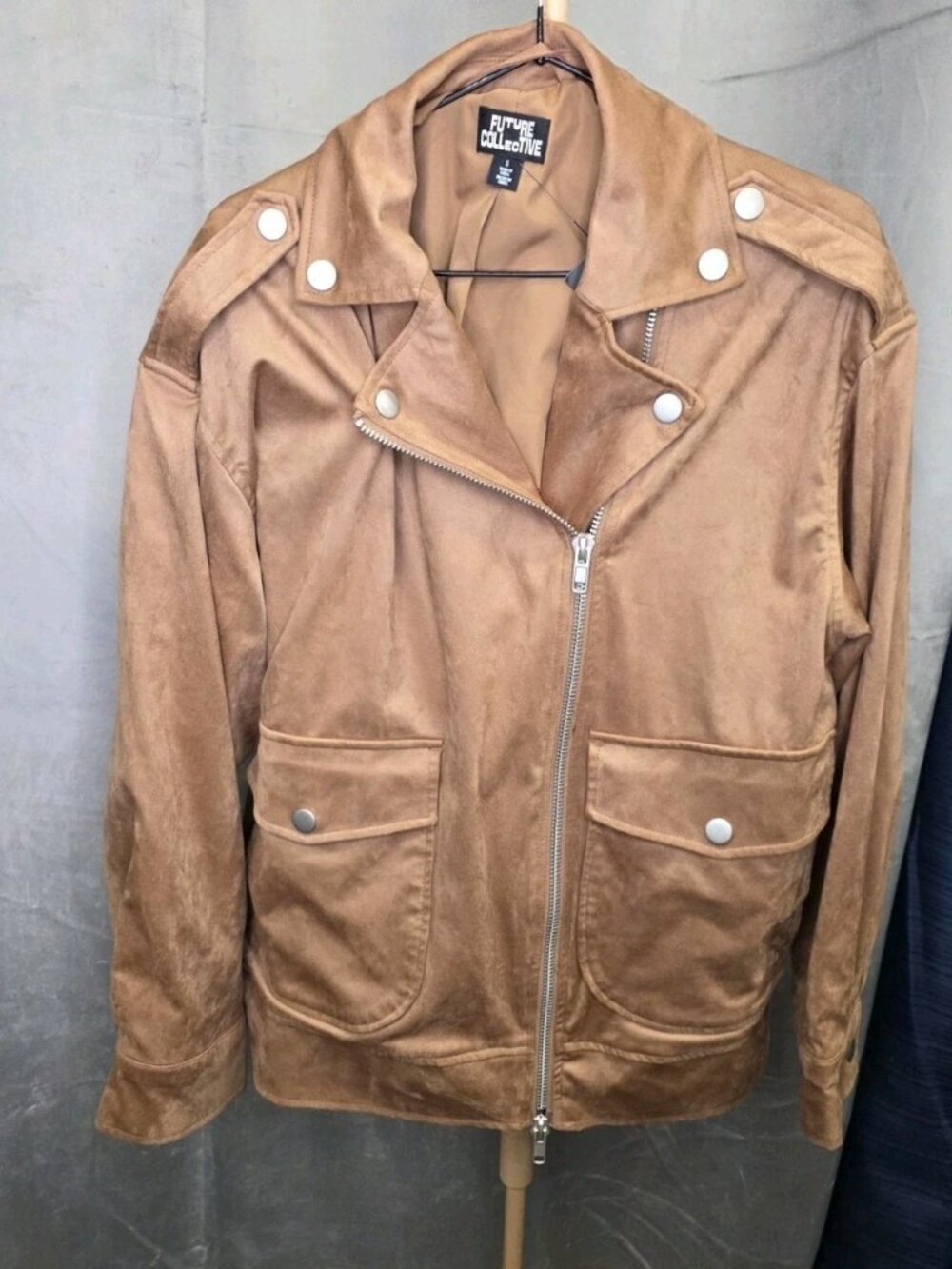 NWT Future Collective Faux Suede Moto Jacket Cognac Brown Women's S. Wl429